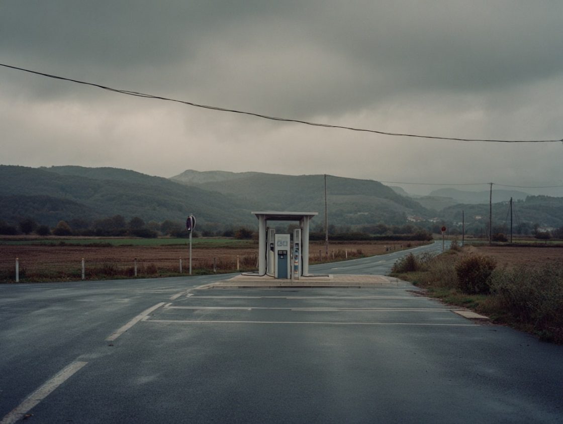 Cabine téléphonique isolée sur route campagne.