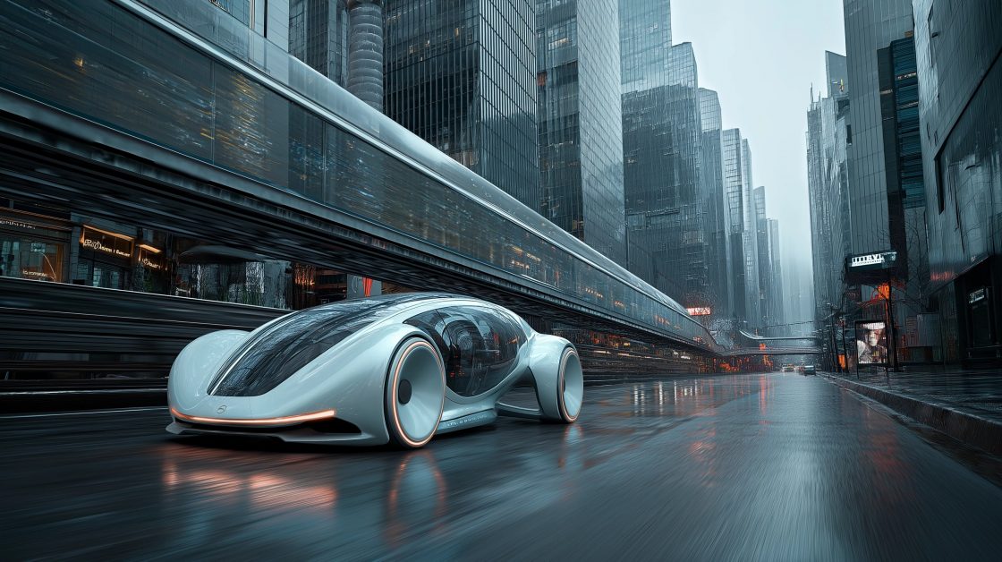 Voiture futuriste dans une ville moderne et pluvieuse.