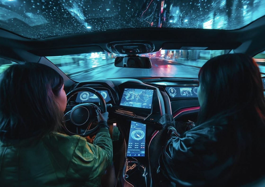 Intérieur voiture avec écrans technologiques de nuit.